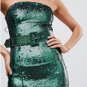 ASOS Green Belted Bandeau Sequin Mini Dress